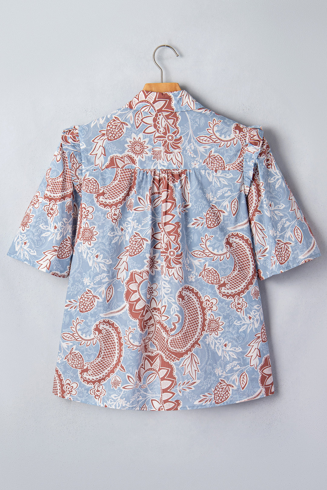 Sky Blue Boho Floral Print Short Sleeve Shirt