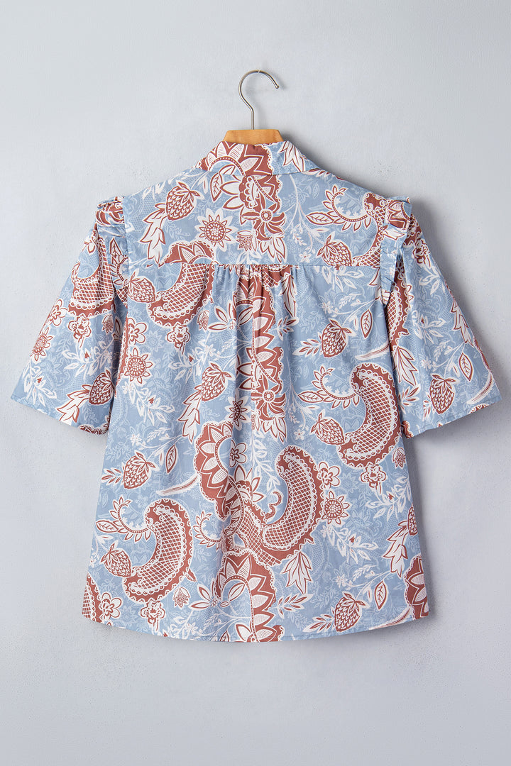 Sky Blue Boho Floral Print Short Sleeve Shirt