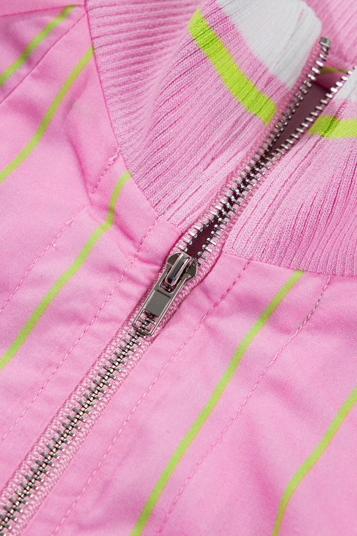 Pink Stripe Striped V-Neck Half Sleeve Zipper Ribbed Cuff Casual Shift Blouse