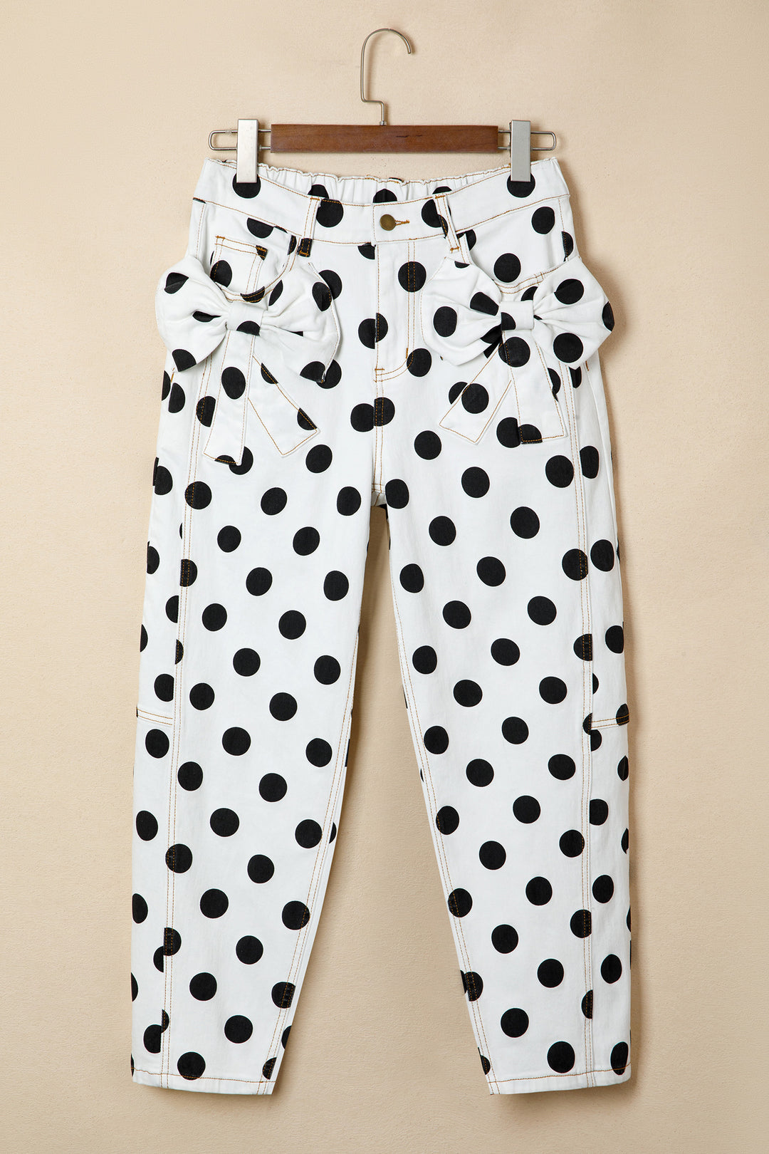 White Polka Dot Print Bow Detail Pocketed Barrel Jeans