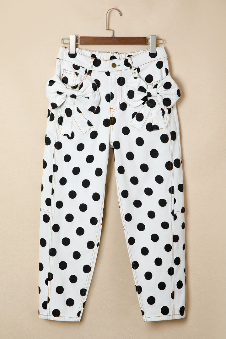 White Polka Dot Print Bow Detail Pocketed Barrel Jeans