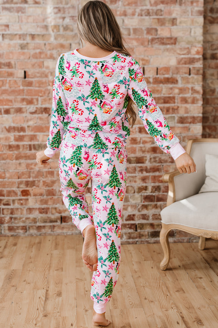 Pink Christmas Pattern Button V Neck Pullover Drawstring Pants 2pcs Lounge Set