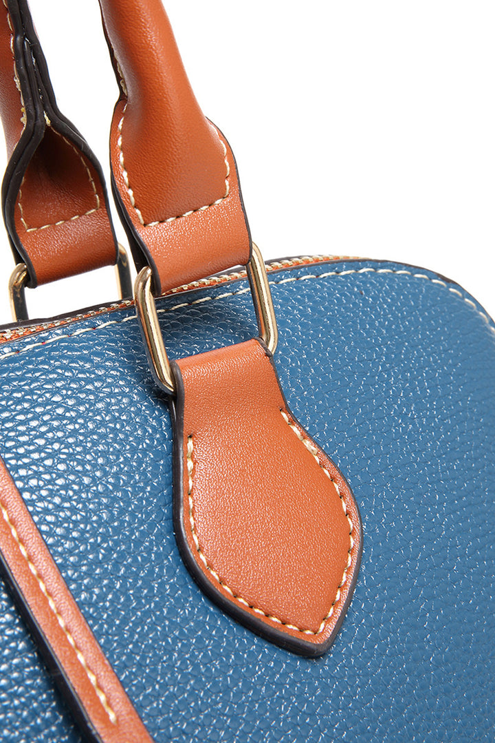 Color Contrast PU Leather Zipper Tote Bag