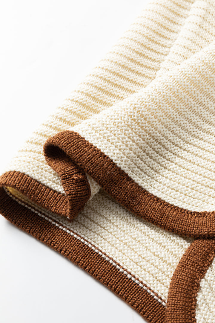 Horizontal Ribbed Knit Contrast Trim Ties Front Sweater Vest