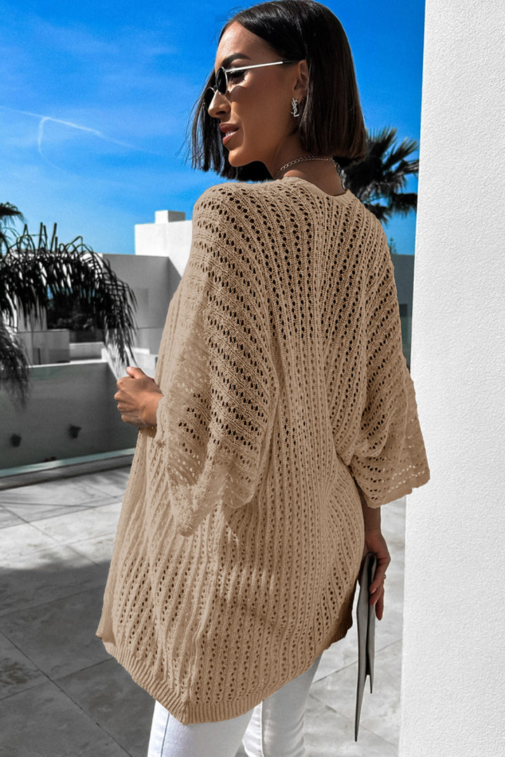 Light French Beige Solid Color Crochet Knit Open Front Tunic Sweater Cardigan