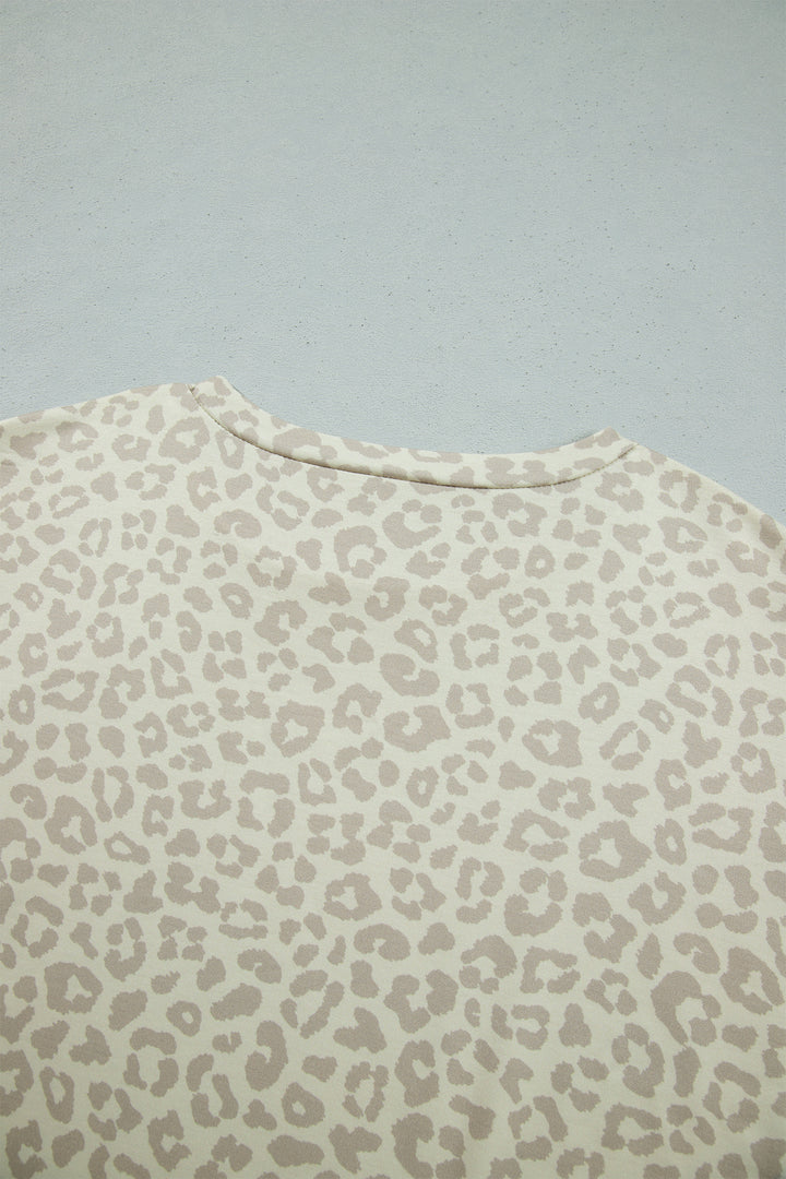 Apricot Leopard Print Varsity Striped Detail 3/4 Sleeve Top Shift Pant Set