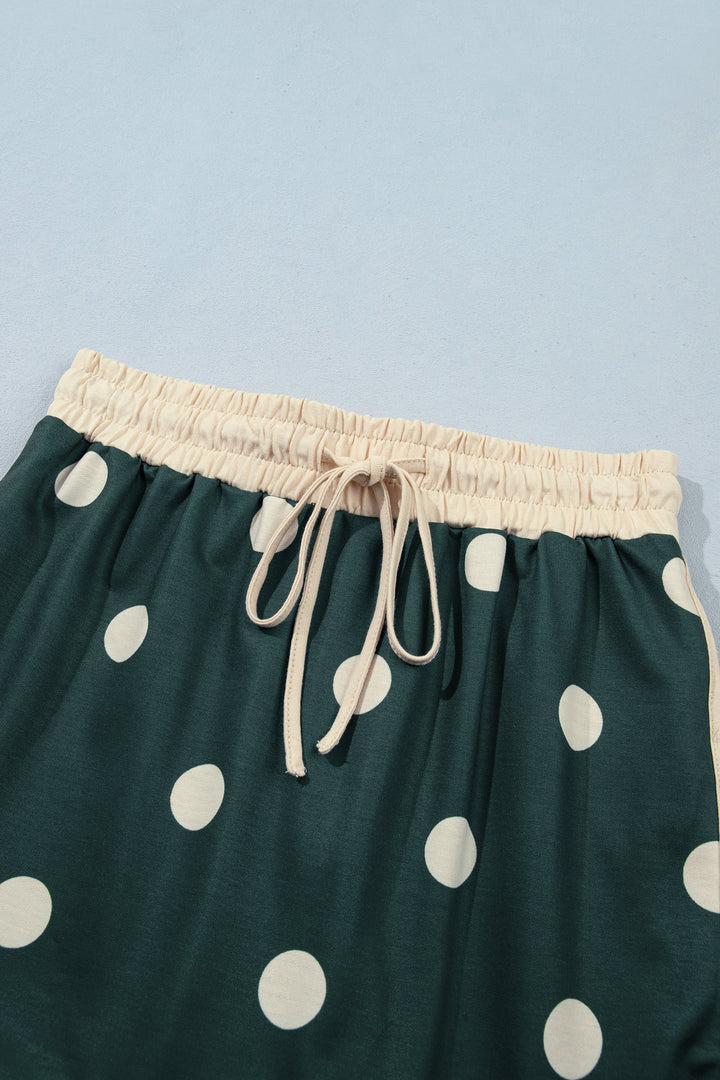 Green Polka Dot Print Trim Baggy Pullover Drawstring Skirt 2pcs Set
