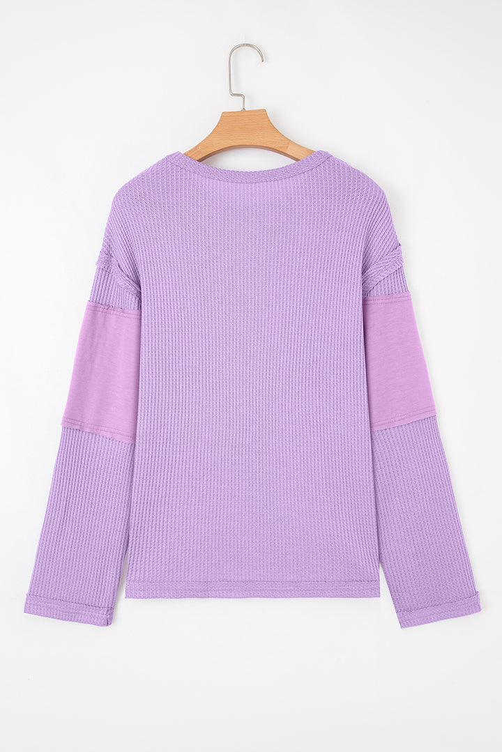 Phalaenopsis Thermal Knit Contrast Textured Patchwork Long Sleeve Top