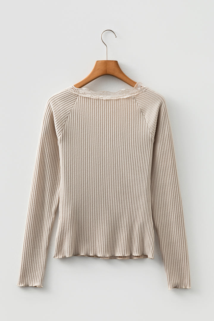 Beige Lace Neckline Button Decor Lettuce Edge Long Sleeve Ribbed Top