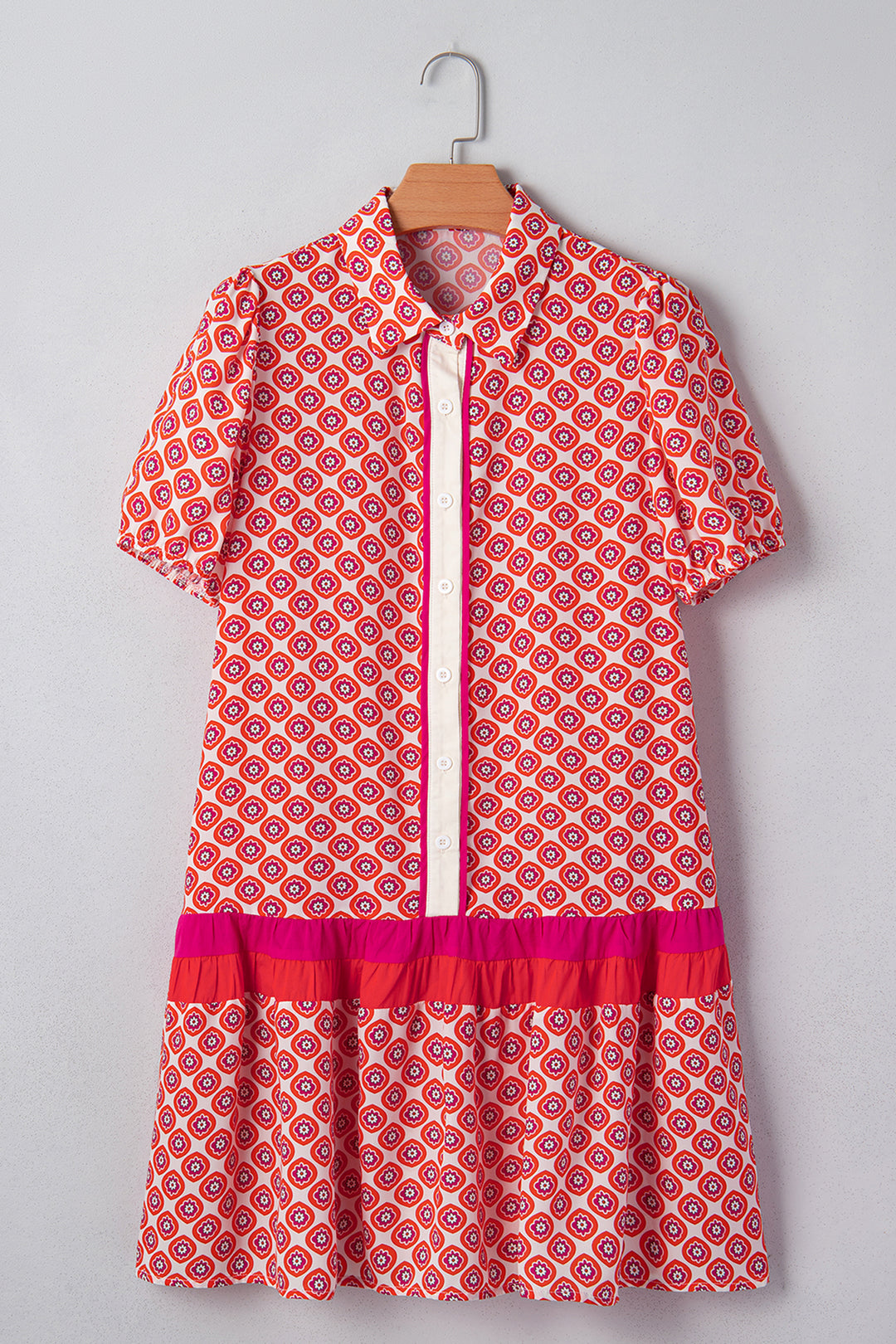 Geometric Floral Print Color Block Trim Button Front Ruffle Hem Dress