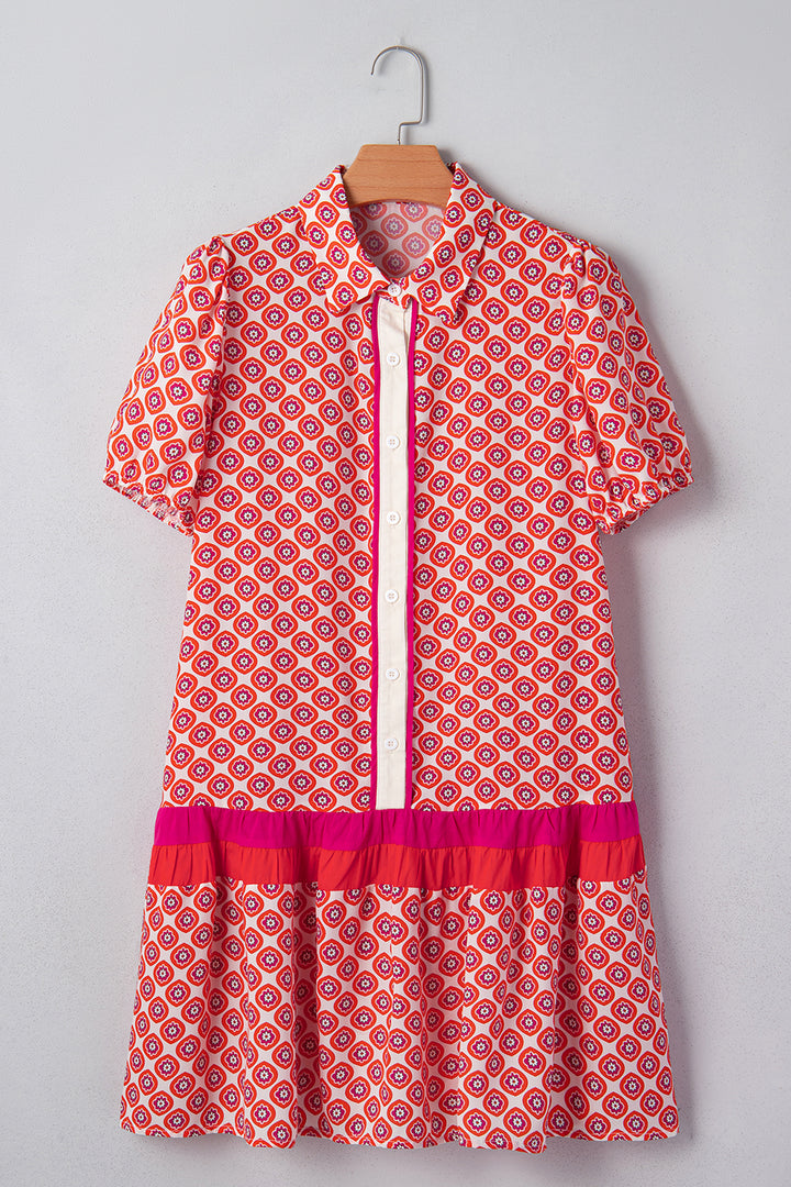 Geometric Floral Print Color Block Trim Button Front Ruffle Hem Dress