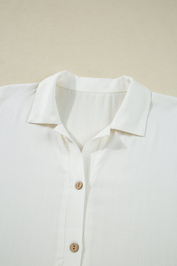 White Ruffle Elastic Cuffs Puffy Long Sleeve Button Down Shirt