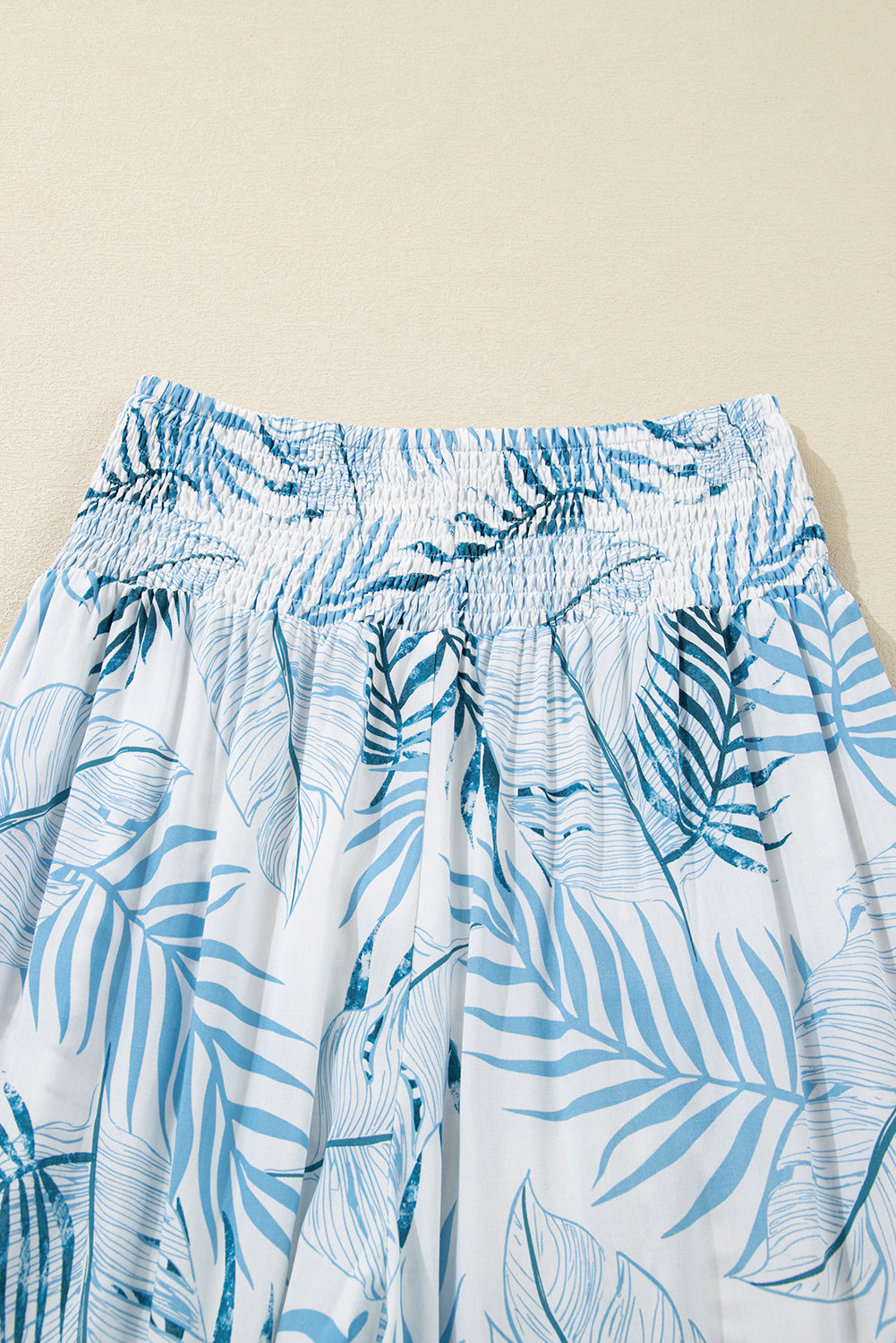 Sky Blue Botanic Print Shirred Waistband Wide Leg Pants