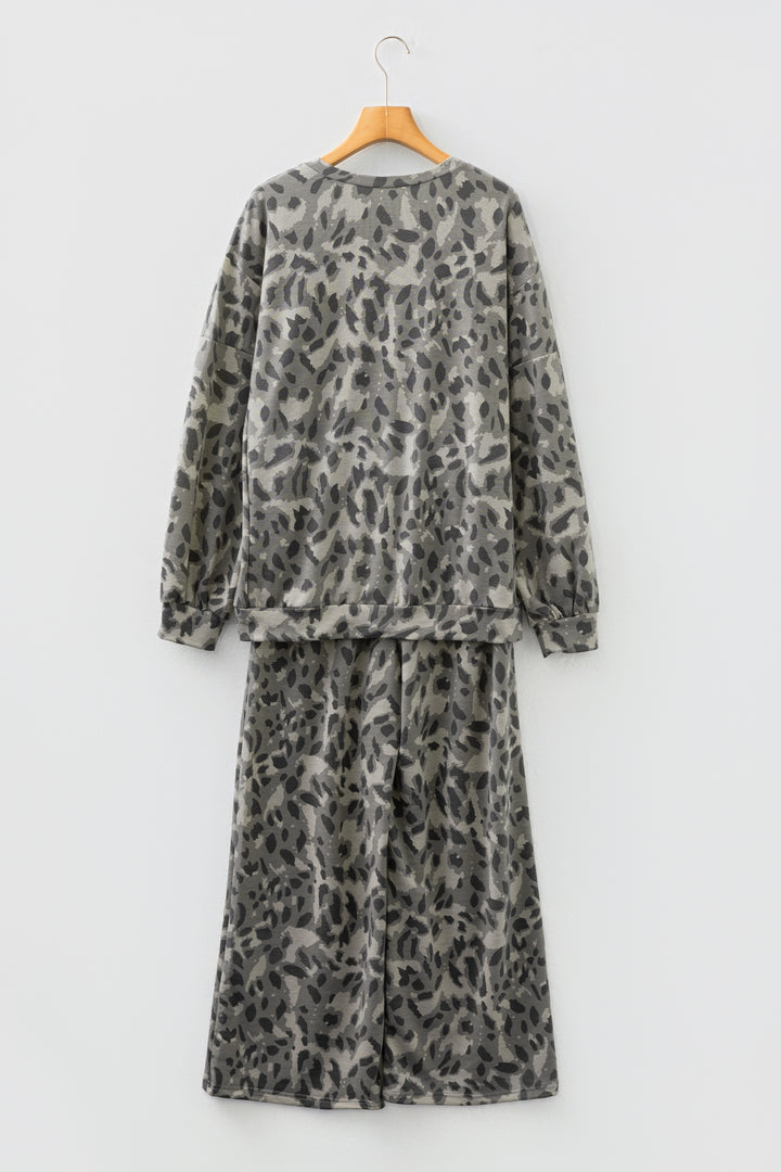 Gray Leopard Print Raw Seam Patchwork Pullover Drawstring Loose Pant Set