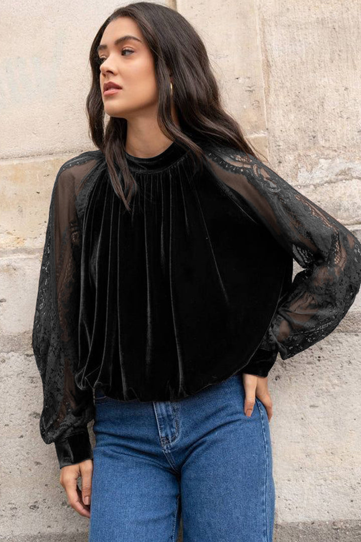 Black Sheer Lace Long Sleeve Patchwork Stand Neck Velvet Blouse