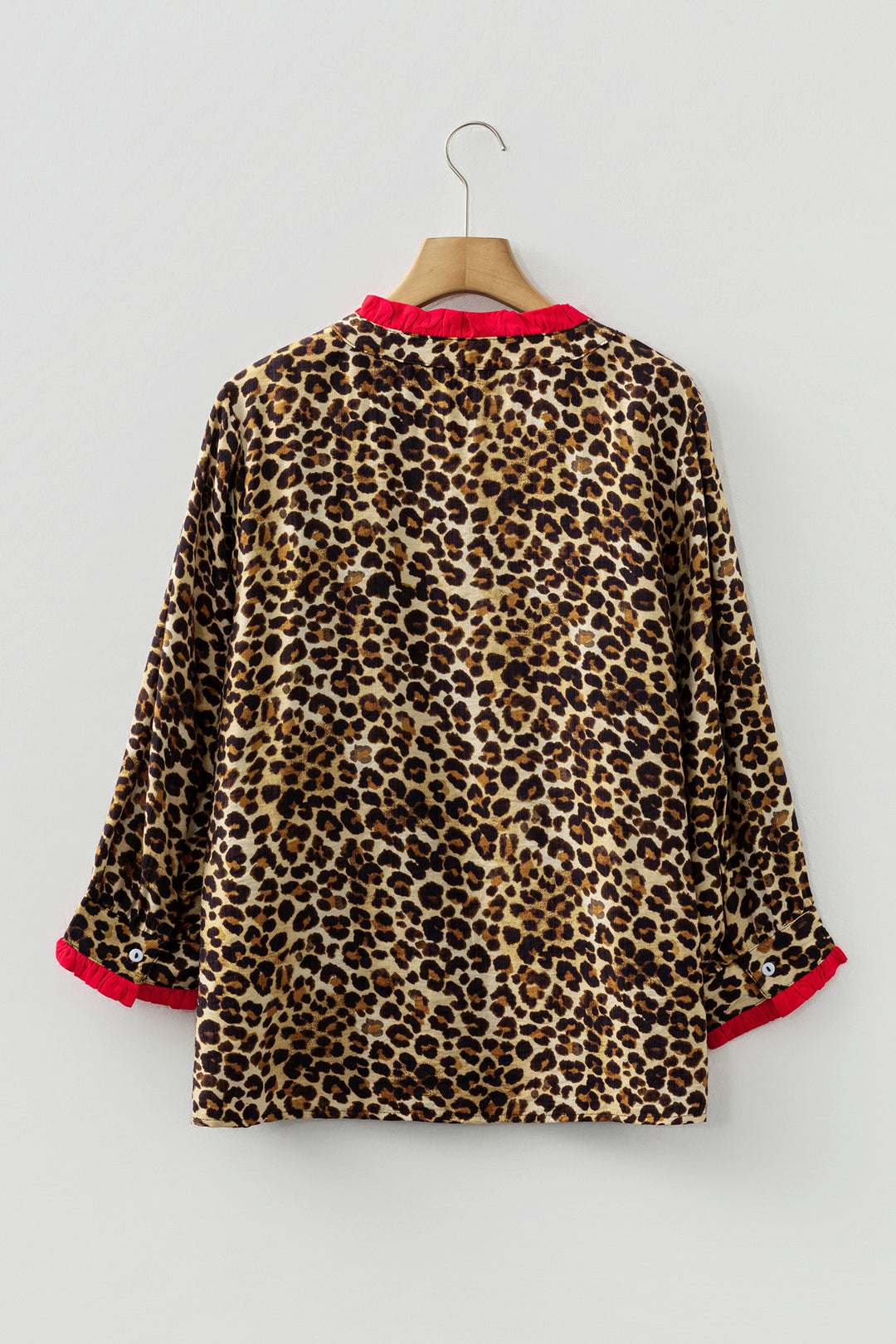 Brown Fierce Leopard Allure Contrast Ruffle Trim V Neck Shirt