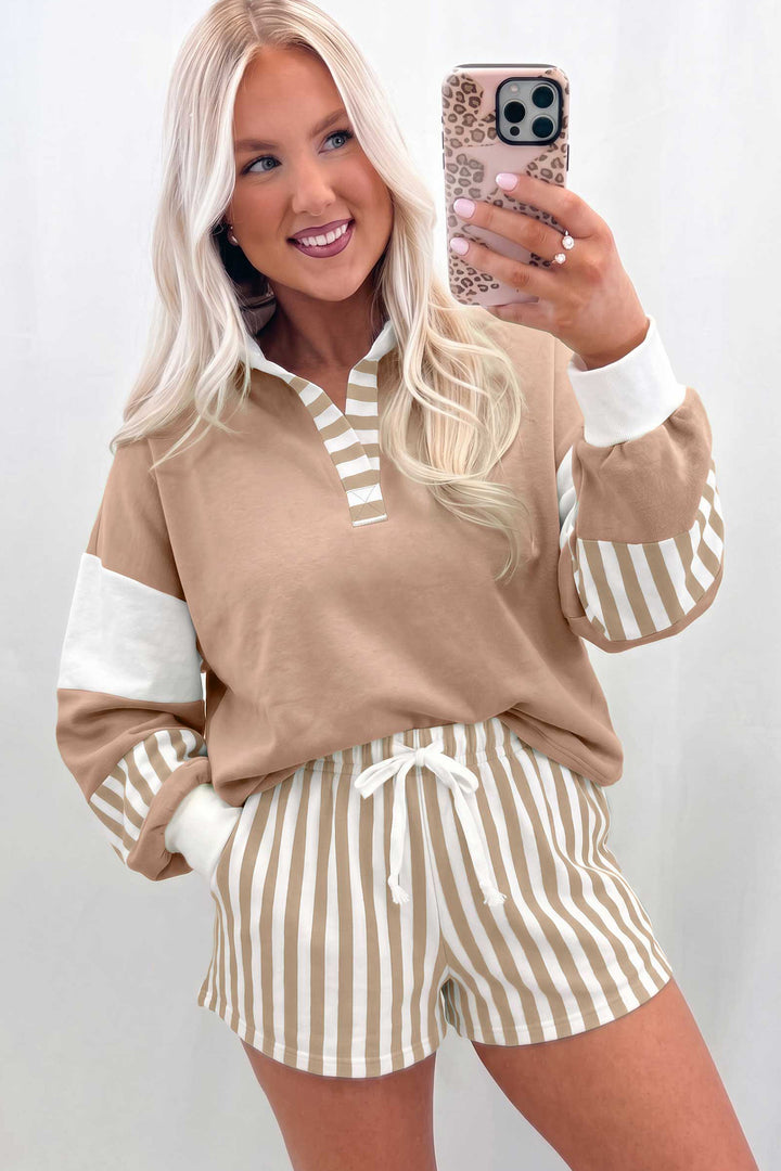 Smoke Gray Striped Color Block Pullover Top Drawstring Shorts Set