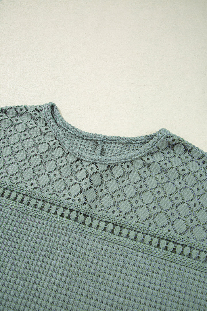 Mist Green Lace Patchwork Waffle Short Sleeve Top
