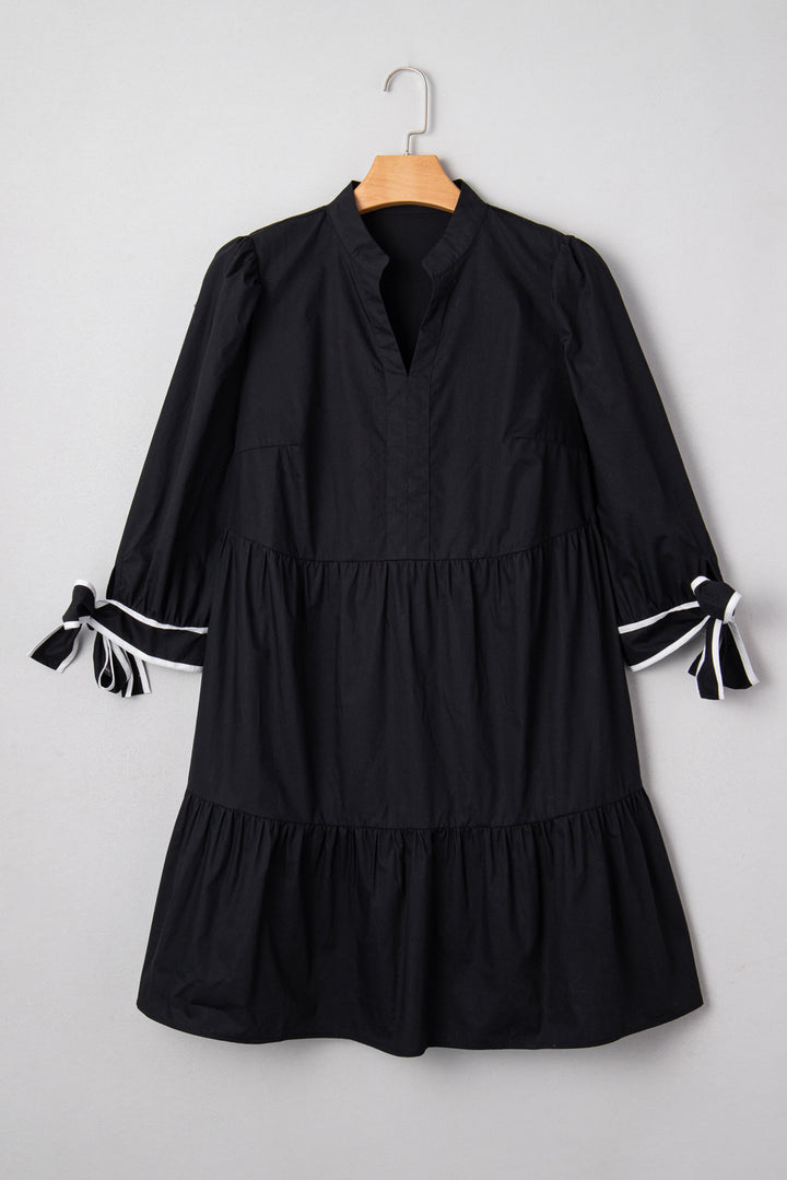 Black Contrast Trim Knot Cuffs Plus Size V Neck Mini Dress