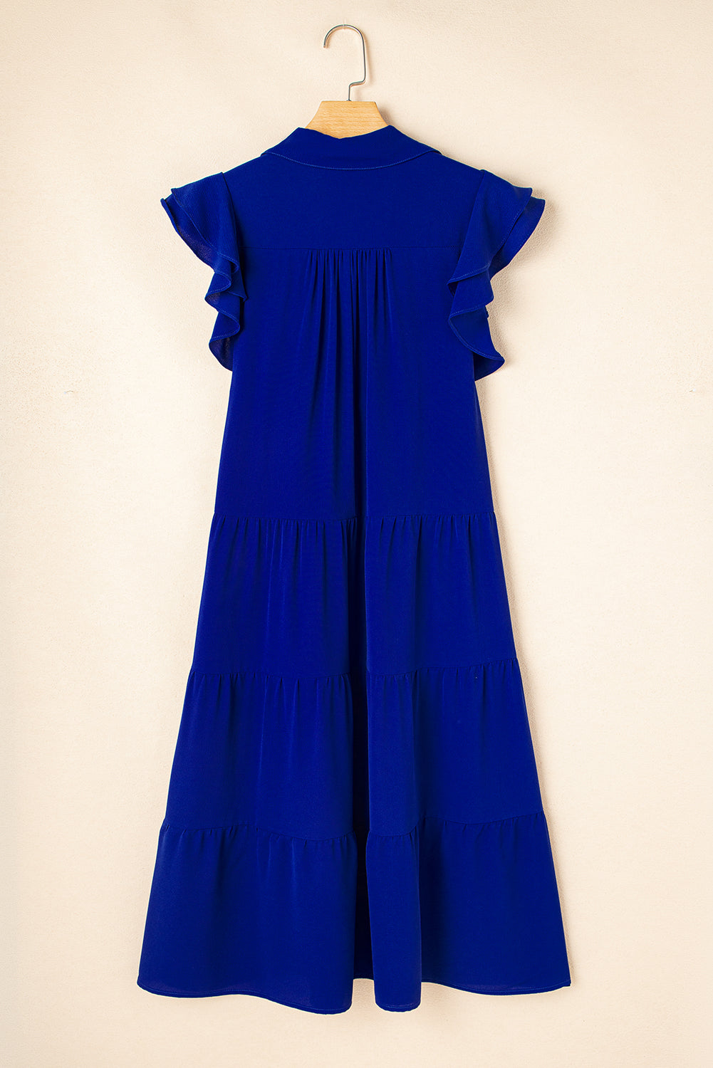 Ruffled Short Sleeve Collared V Neck Tiered Midi Dress