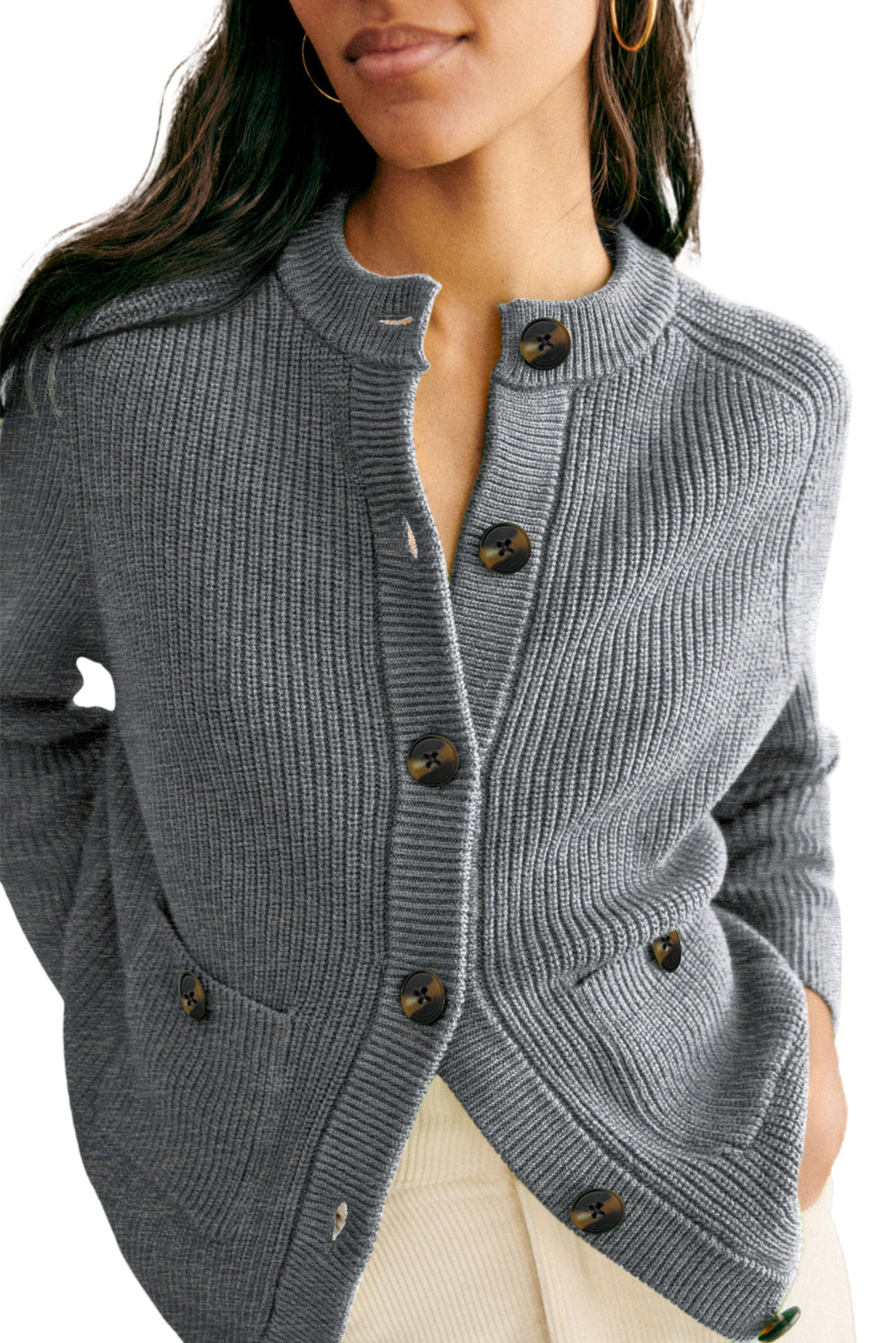 Chunky Buttoned Front Round Neck Cardigan Sweater