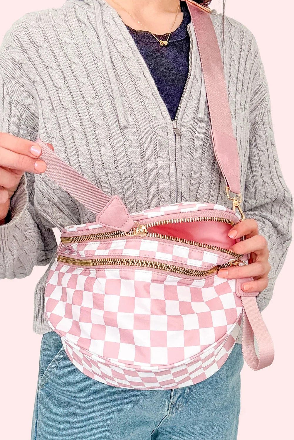 Checkered/Animal Spots Print Wide Strap Large Crossbody Bag
