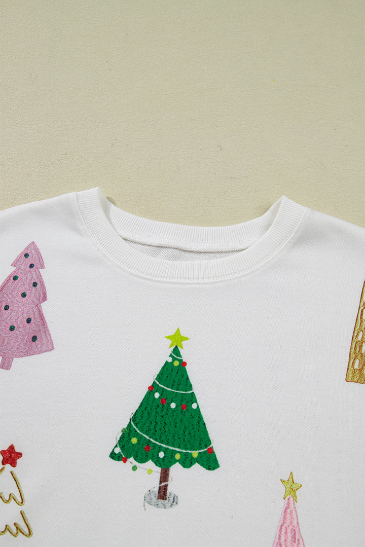 White Stripe Multi Christmas Tree Long Sleeve Top and Shorts 2pcs Lounge Set