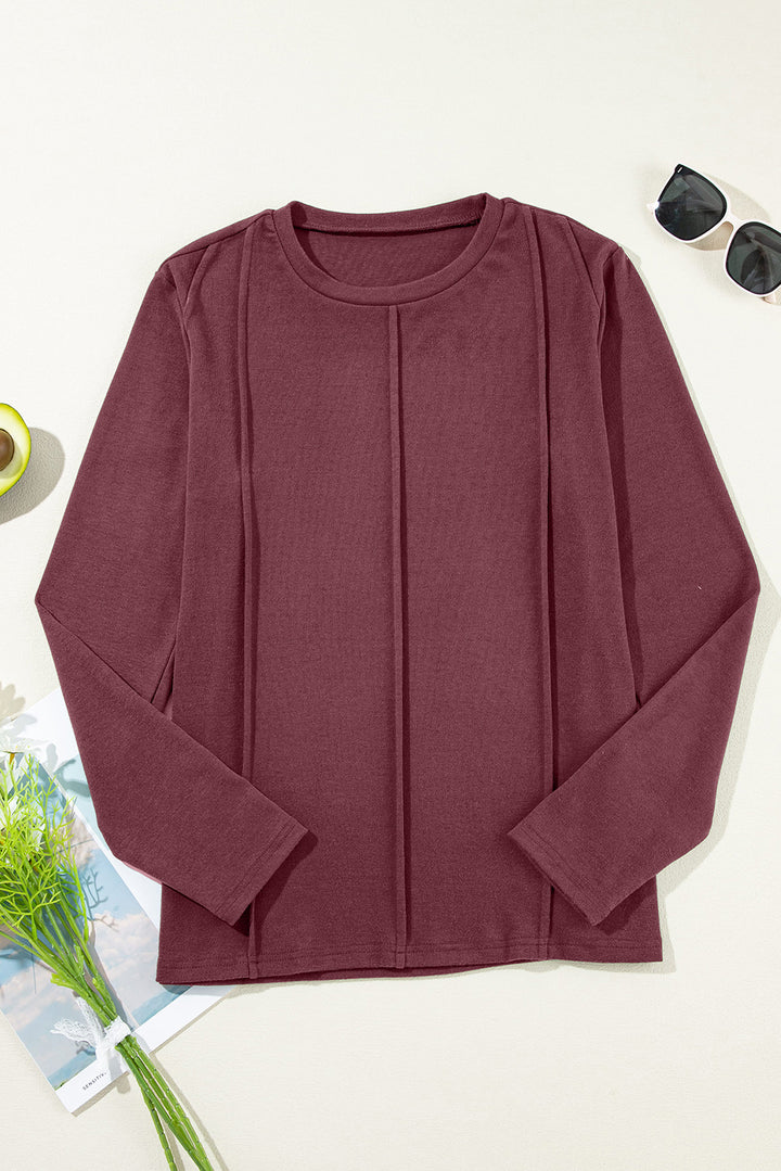 Red Exposed Seam Crew Neck Long Sleeve Top