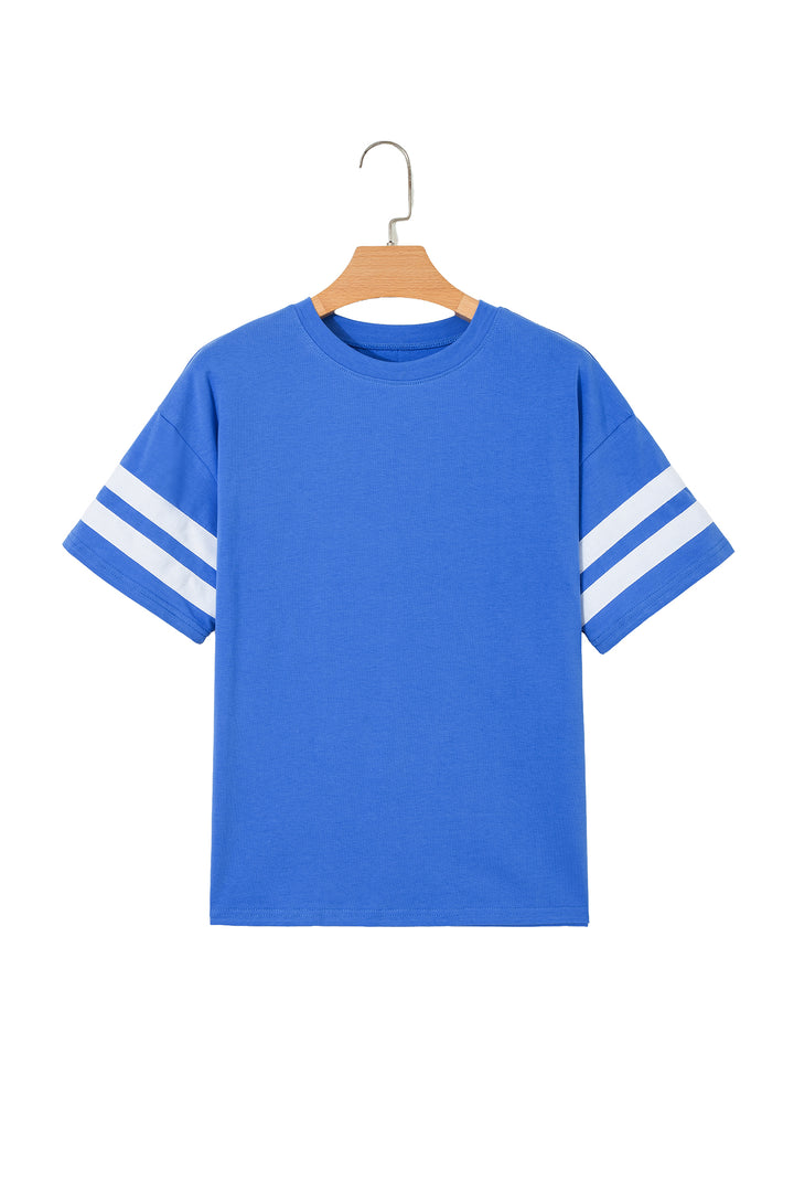 Dark Blue Varsity Striped Short Sleeve Crew Neck T Shirt