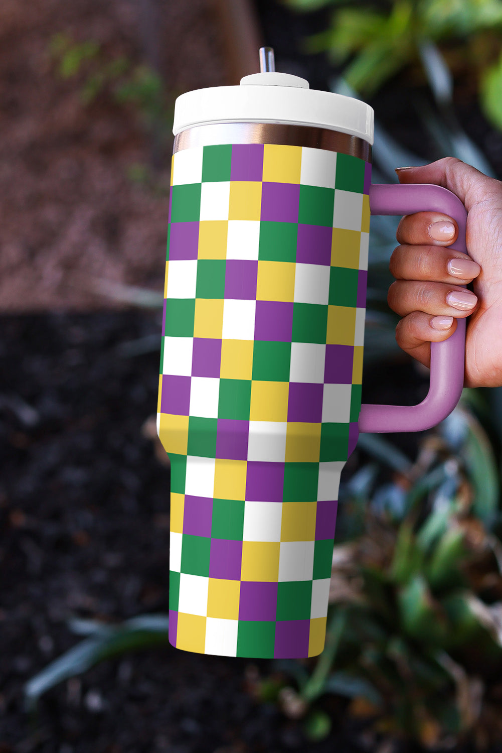 Grande tasse à vide avec poignée à imprimé à carreaux 40 oz