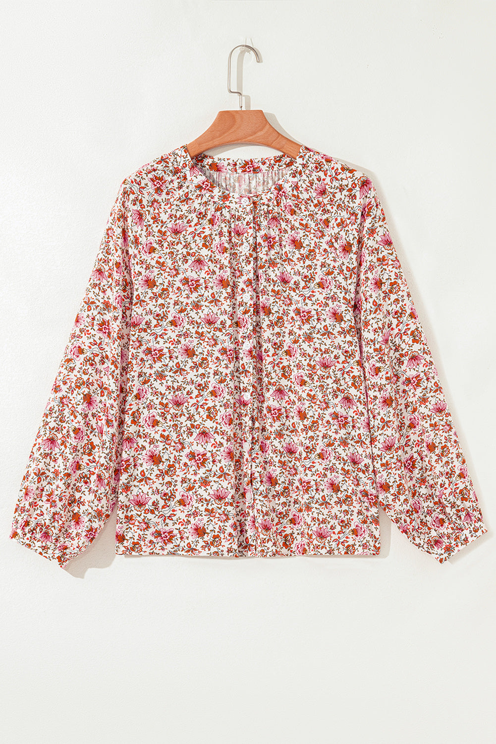 Floral Print Pleated Detail Notched Neck Puff Sleeve Blouse