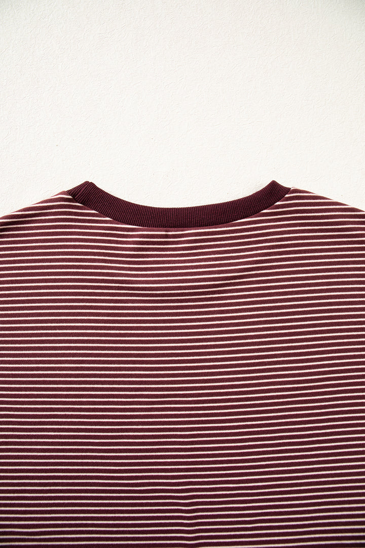 Brown Stripe Contrast Trim Round Neck Oversize Long Sleeve Top 2pcs Pant Set