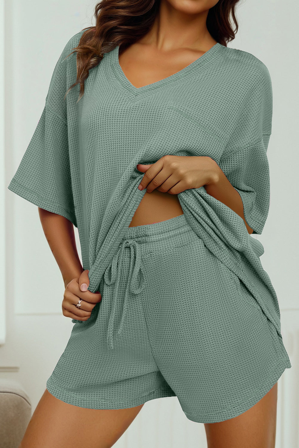 Green Solid Color Waffled V Neck Loose Tee Drawstring Shorts Set