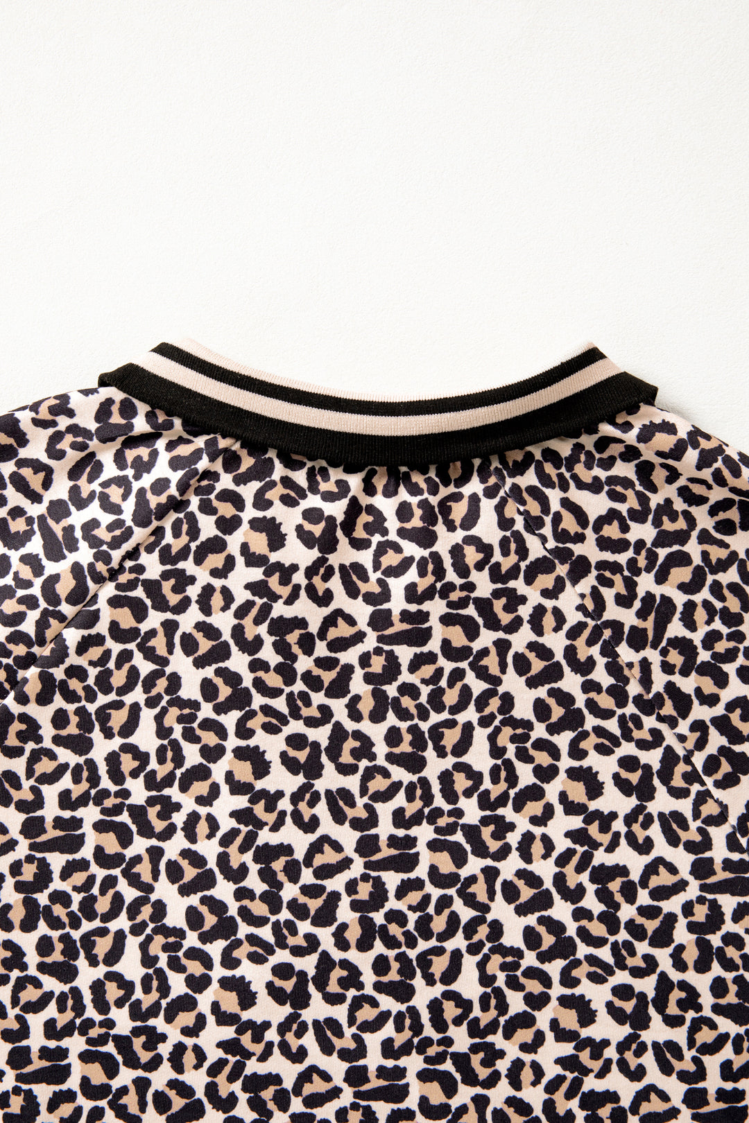 Leopard Print Half Zip Striped Trim Patchwork Short Sleeve Top
