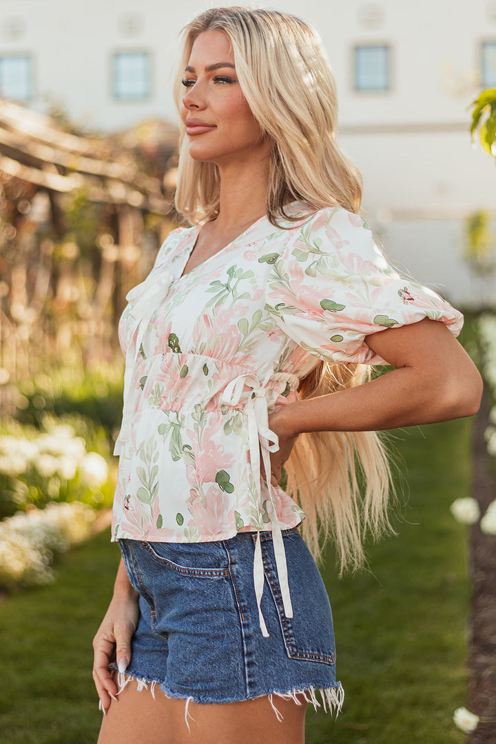 floral puff sleeve v neck tied front peplum blouse