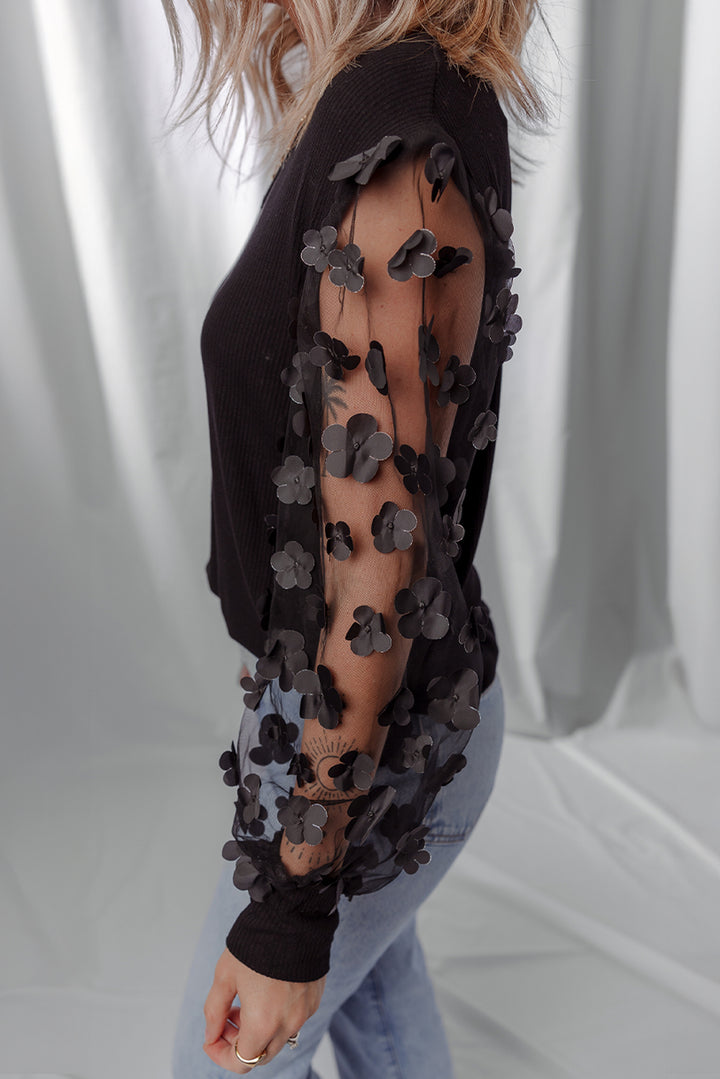 Flower Applique Mesh Long Sleeve V Neck Blouse