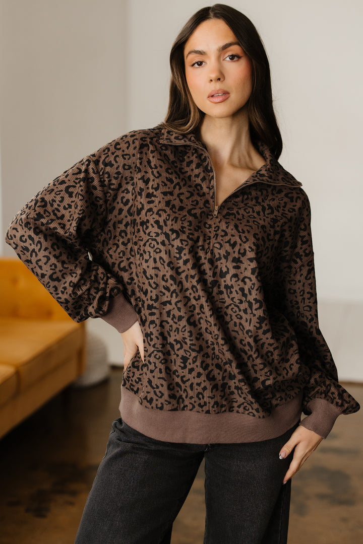 Leopard Print Quarter Zip Corduroy Sweatshirt