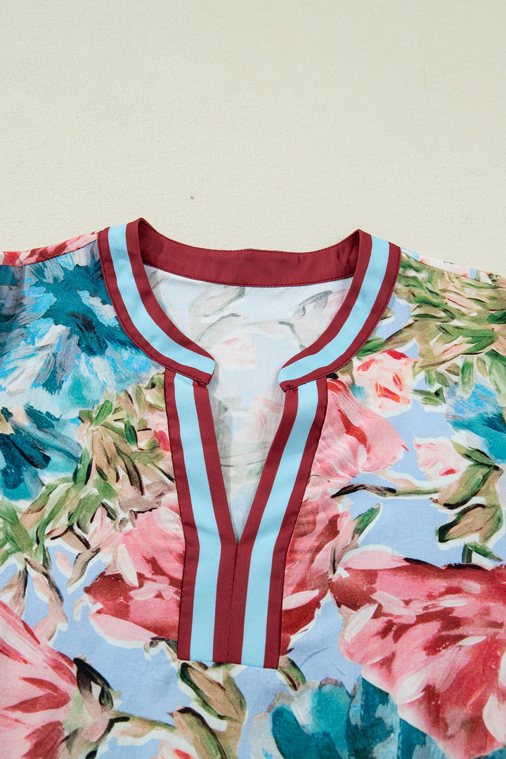 Contrast Trim V Neck Cuffed Bracelet Sleeve Floral Blouse
