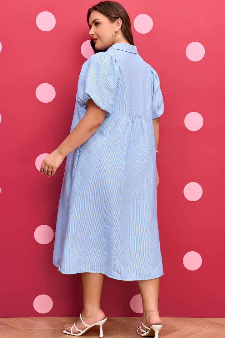 Sky Blue Stripe Shirred Detail Collar Plus Size Midi Dress
