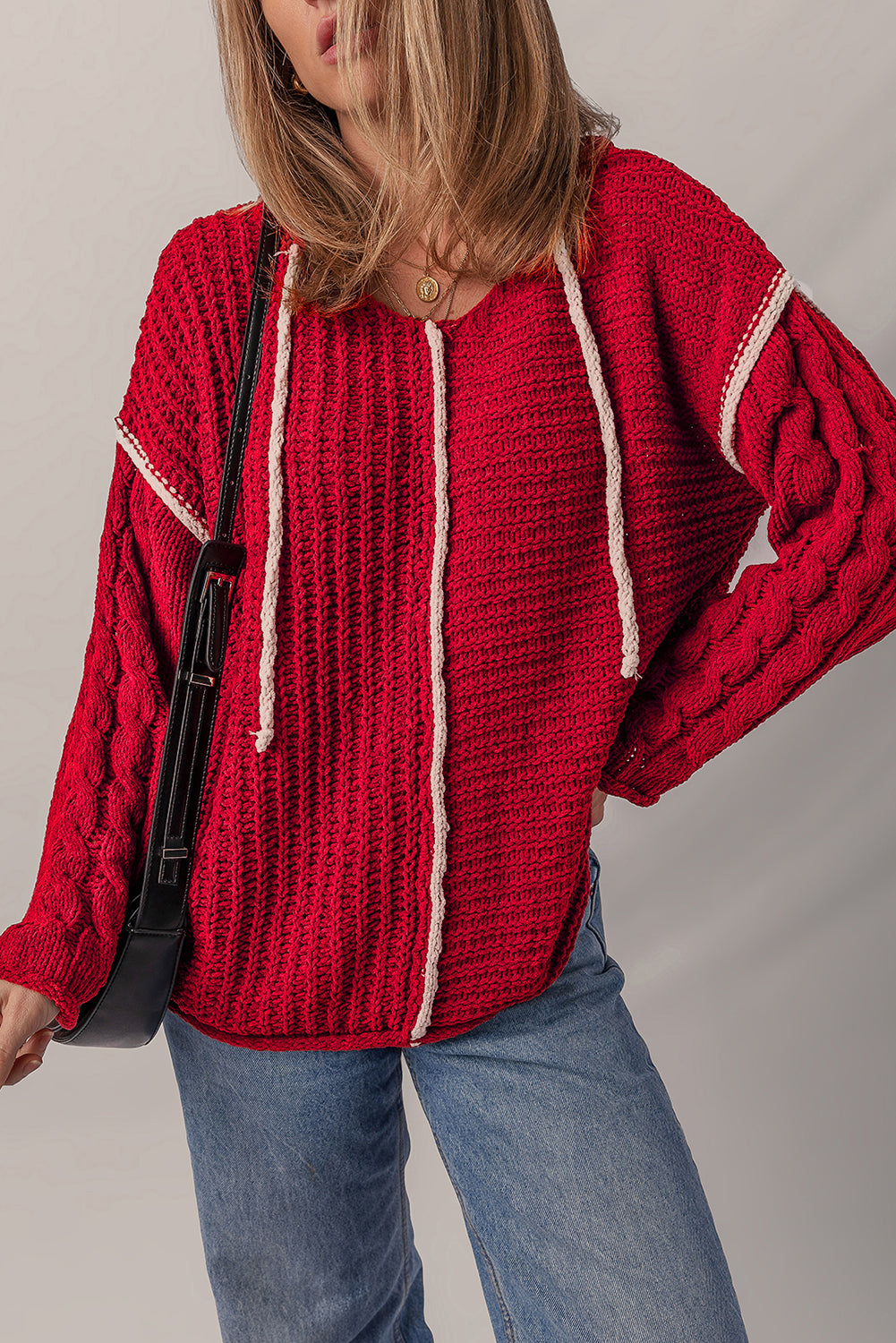 Color Contrast Trim Textured Knit Drawstring Hooded Sweater