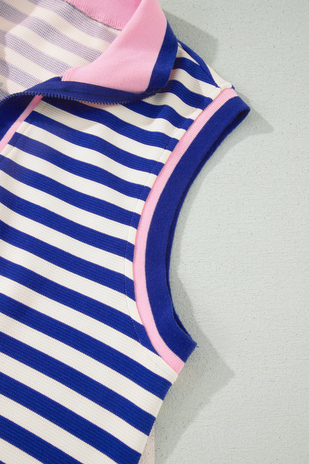 Dark Blue Textured Stripe Print Contrast Trim Zip Collar Sleeveless 2pcs Skort Set