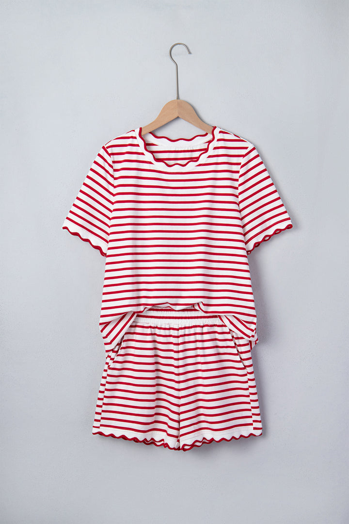 Cute Red Stripe Scallop Trim Casual Top 2pcs Short Set