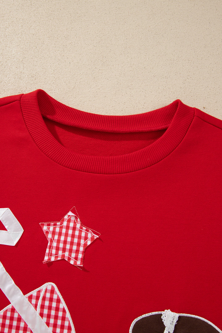Racing Red Gingham Patch Embroidered Rugby Game Day Stars Sweatshirt