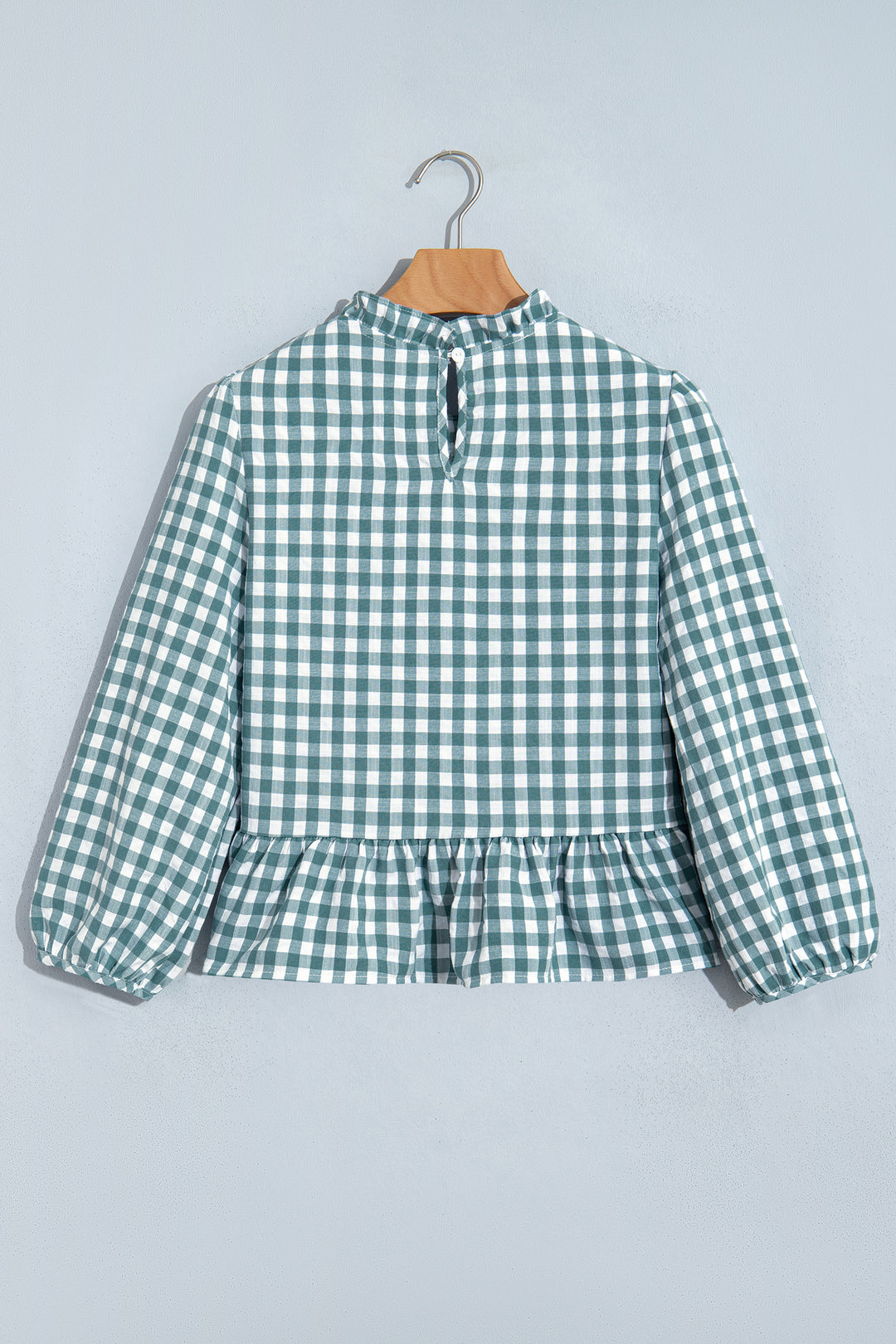 Green 3/4 Sleeve Shirred Plaid Peplum Top