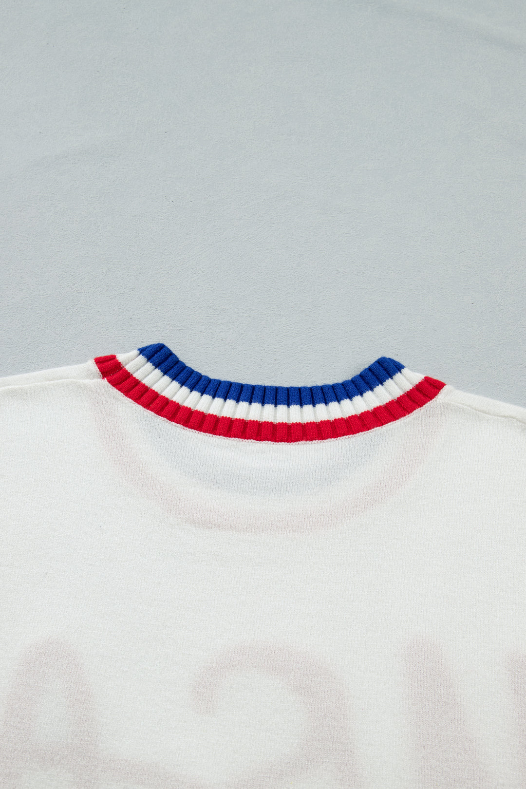 White USA Contrast Striped Trim Round Neck Short Sleeve Sweater