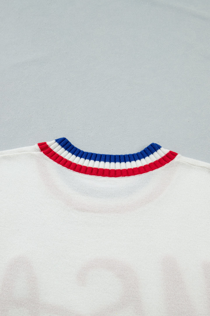 White USA Contrast Striped Trim Round Neck Short Sleeve Sweater