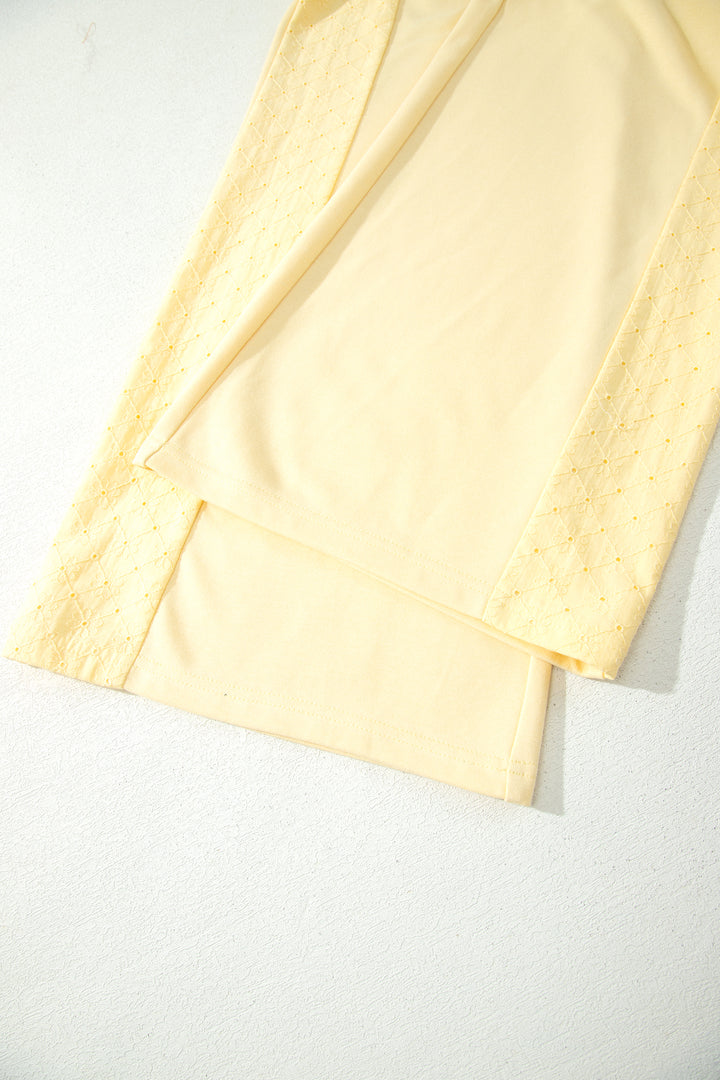 Yellow Cream Eyelet Embroidered Lace Patchwork Cropped Pullover Drawstring Pants Set