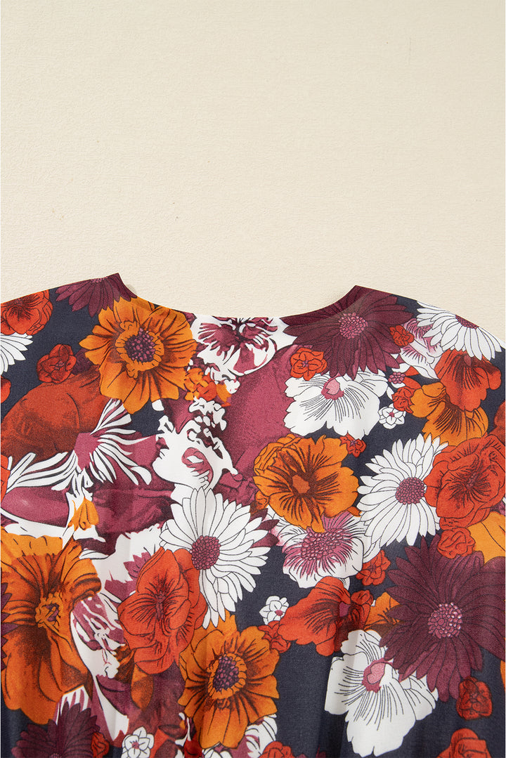 Floral Print Wrap V Neck Puff Sleeve Flowy Mini Dress
