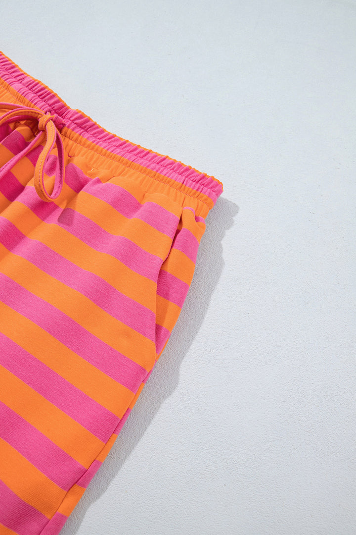 Orange Stripe Color Block Patchwork Mock Neck Pullover Drawstring Mini Skort Set