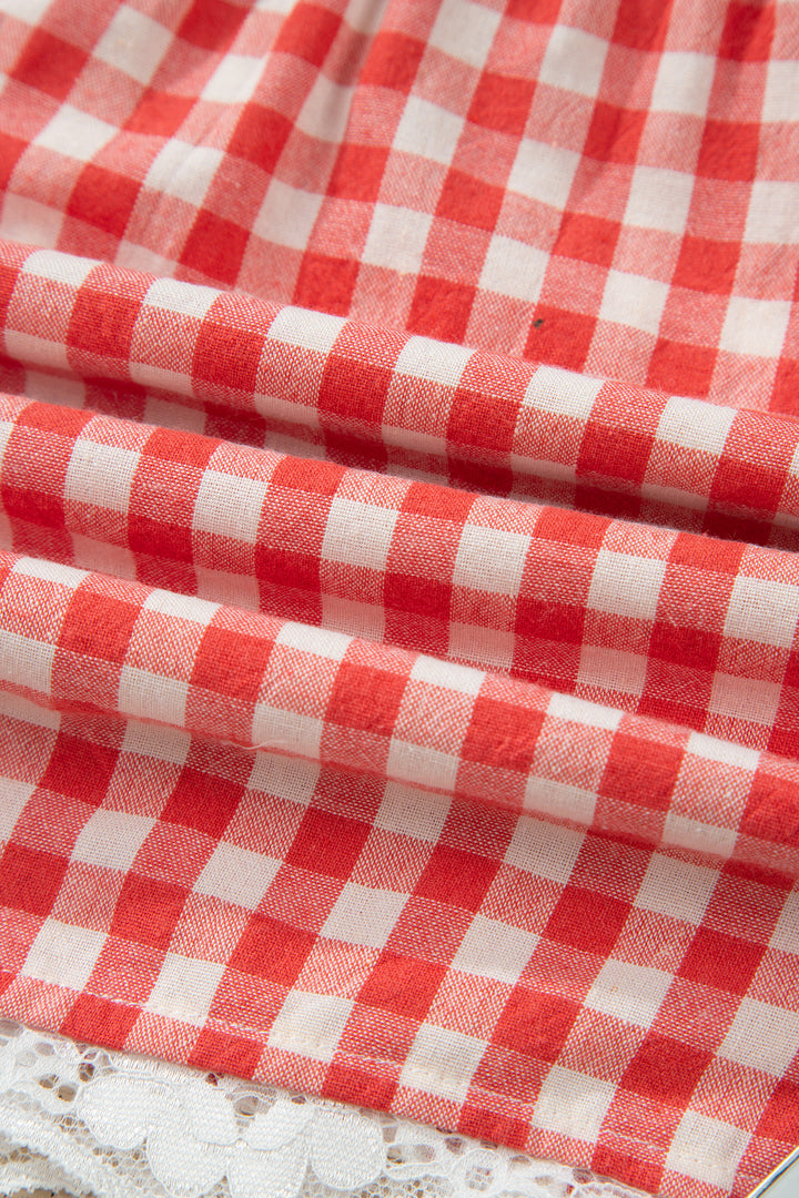 Red Gingham Plaid Tie Elastic Waist Lace Patchwork Hem Casual Shorts